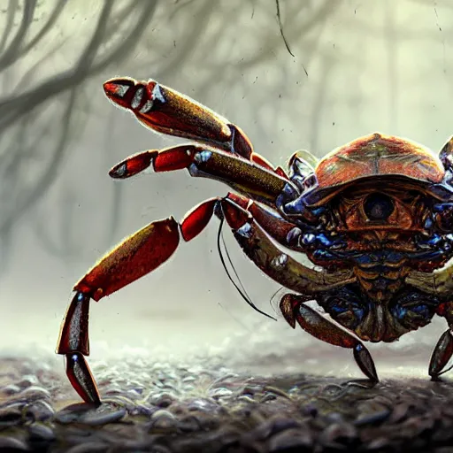 Prompt: Humanoid crabman warrior, D&D, compound eyes, fantasy, intricate, elegant, highly detailed, digital painting, artstation, concept art, smooth, sharp focus, RPG rulebook illustration, art by Tyler Jacobson