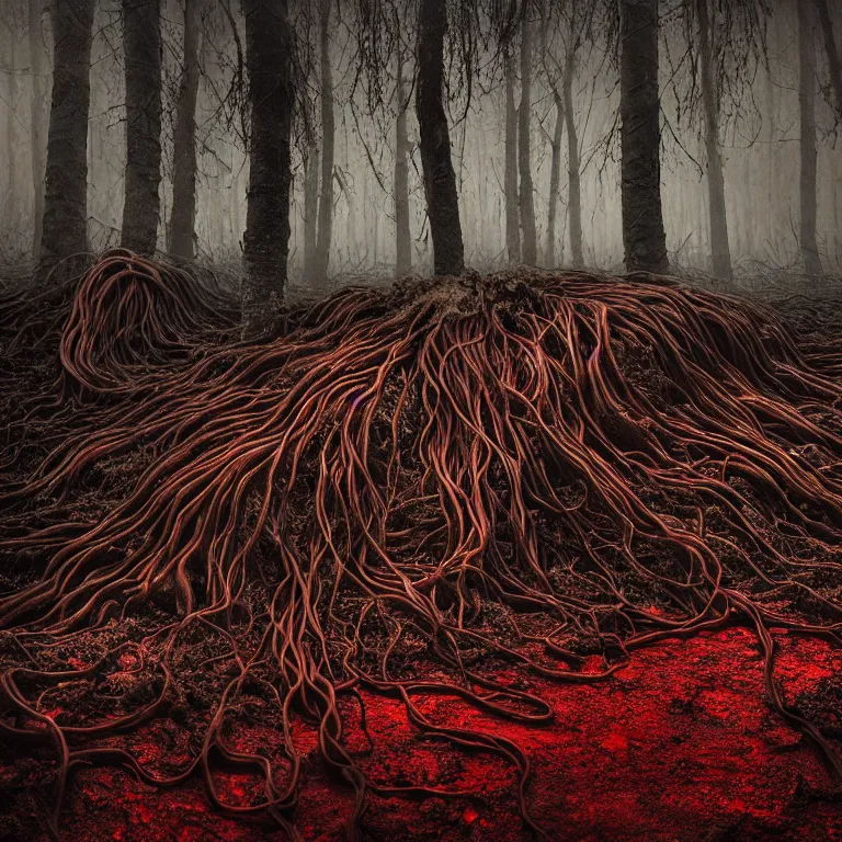 Image similar to still life of ribbed abandoned forest portrait, red color scheme, covered with roots, wires, tubes, standing in a desolate empty wasteland, creepy, nightmare, dream-like heavy atmosphere, surreal abandoned buildings, baroque painting, beautiful detailed intricate insanely detailed octane render trending on Artstation, 8K artistic photography, photorealistic, chiaroscuro, Raphael, Caravaggio, Beksinski, Giger