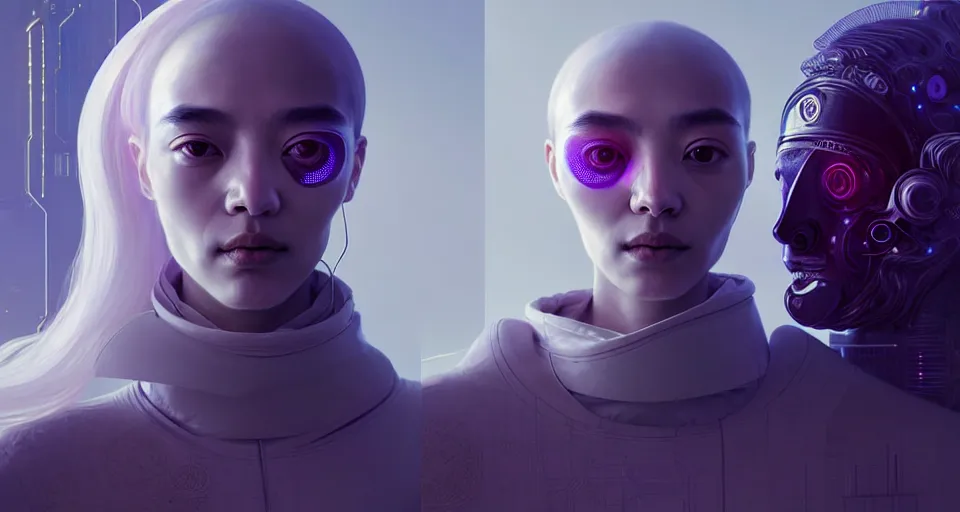 Image similar to portrait of yael shelbia and kang seul - gi, venus squid astronaut, symetrical facial, white hair, intricate design details. cyberpunk, touareg, by ruan jia and beeple. smooth gradients, deep space.