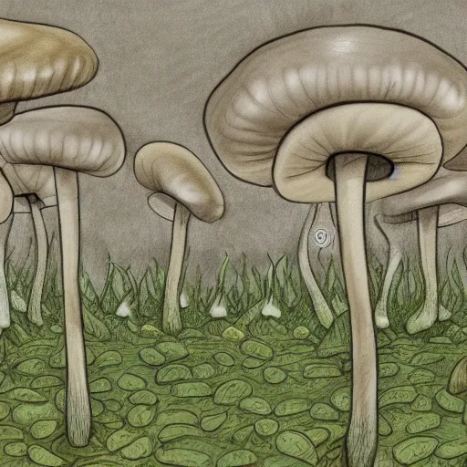 Prompt: drawing of a mushroom city in the middle of the forest, high details, godrays, 4k