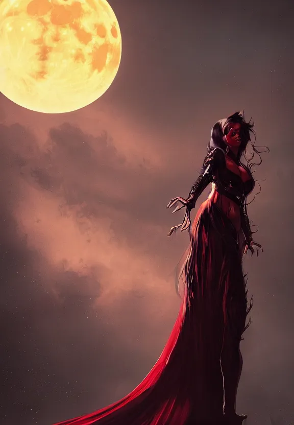 Prompt: full portrait, golden magical atmosphere, style by eddie mendoza, raphael lacoste, alex ross, red black white golden colors, book cover, sihouette of a dark Witch from behind in front of a full big moon, dramatic lighting, cinematic, realistic establishing shot, extremely high detail, photo-realistic, cinematic lighting, digital restoration, very sharp, high quality, high details, ISO 50, realistic, Artgerm, post processed, realistic concept art, artstation, realistic matte painting