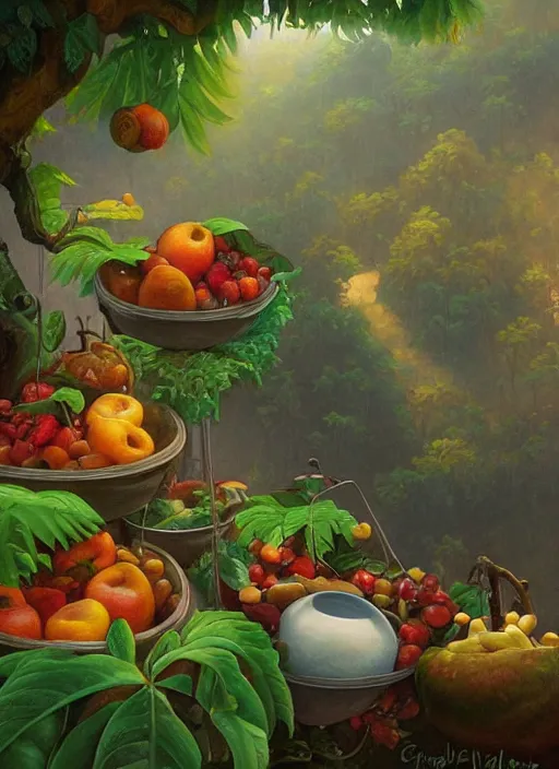 Prompt: a beautiful painting of pots filled with fruits and food in the jungle, close up, abundance, art by christophe vacher