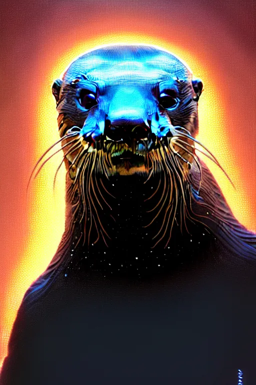 Image similar to symmetry!! portrait of a river otter, sci - fi, tech wear, glowing lights!! intricate, elegant, highly detailed, digital painting, artstation, concept art, smooth, sharp focus, illustration, art by artgerm and greg rutkowski and alphonse mucha