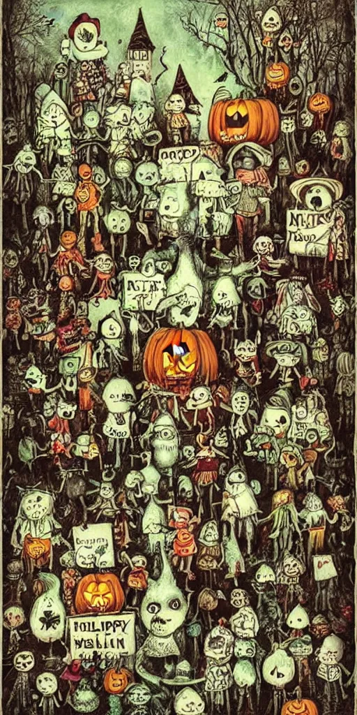 Image similar to a vintage halloween scene by alexander jansson and where's waldo