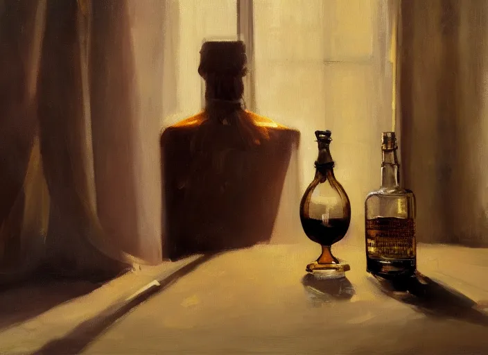 Image similar to oil painting of whiskey bottle, barley grain, art by anders zorn, wonderful masterpiece by greg rutkowski, beautiful cinematic light, american romanticism by greg manchess, creation by tyler edlin, folds of fabric, tablecloth, curtains, shiny oak table, polished wood