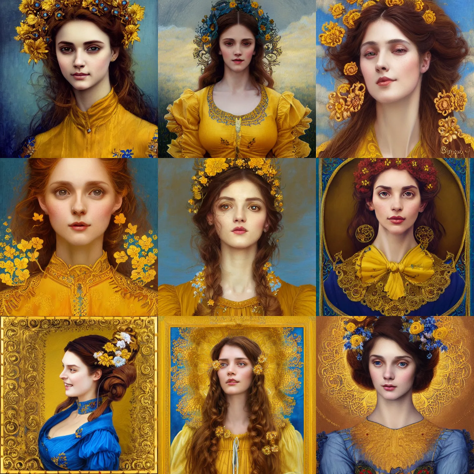 Image similar to brown haired lady in golden yellow embroidered shirt, ukrainian national costume, filigree crown with blue textile embroidery flowers, preraphaelite beautiful, playful smile, detailed portrait, intricate complexity, acryl painting in the style of charlie bowater, tom bagshaw, greg rutkowski