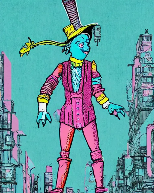 Image similar to mcyberpunk tinman, from the wizard of oz, teal and pink color scheme, hyper detailed danguiz, cyberpunk city street background
