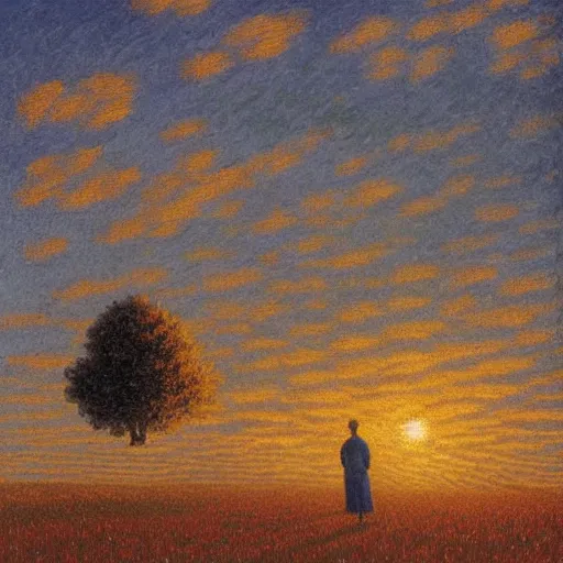 Prompt: neoclassicism by quint buchholz, by armand guillaumin defined. a beautiful computer art of a man & a woman in a field of tall grass with the sun setting behind them