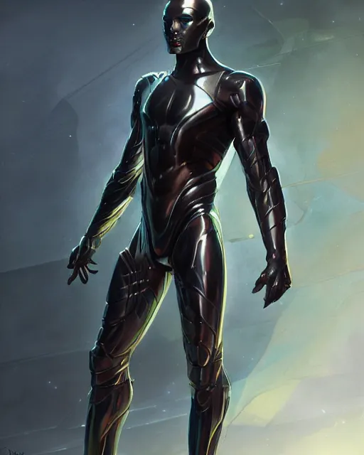 Image similar to iridescent wiry muscular male smooth sleek glossy black pearlescent scifi armor, by greg rutkowski and mark brookes and jim burns and tom bagshaw and magali villeneuve, trending on artstation