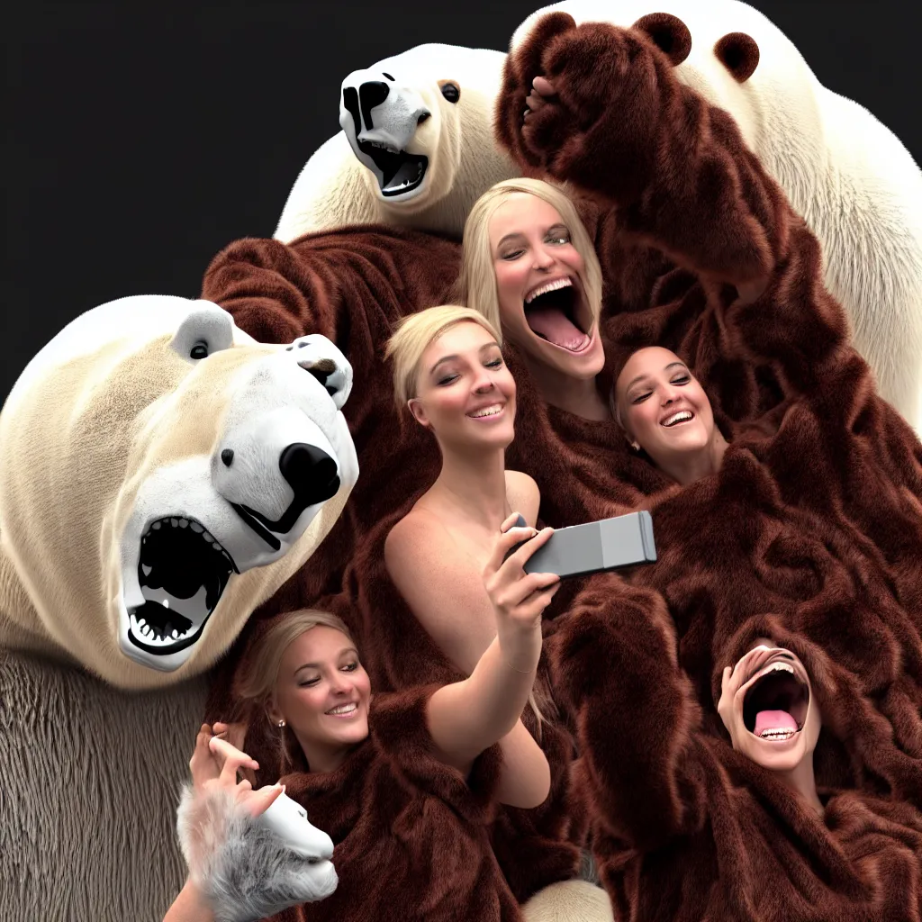 Prompt: digital art, 3 d render, studio lighting, a giant polar bear taking a selfie with a person covered in chocolate slime, real fur, real feather, real hair, real skin