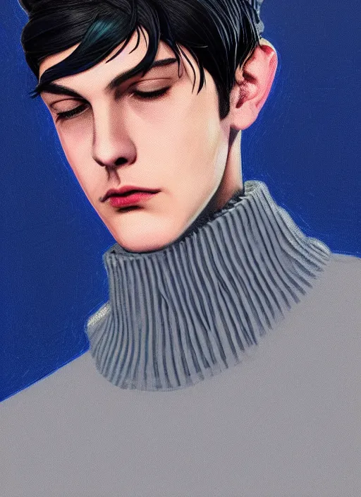 Image similar to portrait of teenage jughead jones wearing a light grey crown, crown, blue turtleneck, 1 9 5 0 s, closed eyes, photorealistic, black hair, glowing lighting, intricate, elegant, glowing lights, highly detailed, digital painting, artstation, concept art, smooth, sharp focus, illustration, art by wlop, mars ravelo and greg rutkowski