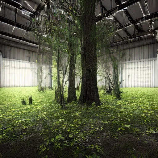 Image similar to beautiful render of a forest growing inside of a bright industrial warehouse