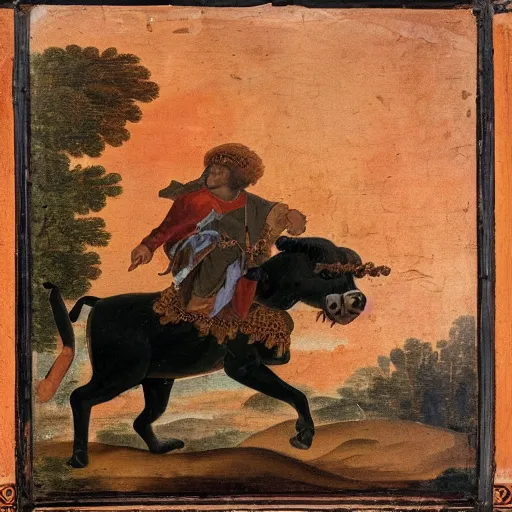 Image similar to photograph of a black man with afro hair wearing an army green cloak, riding!!! an orange colored bull!!!, renaissance style painting