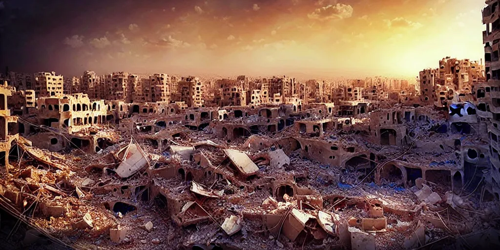 Image similar to “epic view of Hummus in Syria in destruction, sad atmosphere, ruins, hyperdetailed, hyperrealism, trending on artstation, award winning photograph, photorealistic, 8k, concept art, cinematographic, uhd, epic lighting”