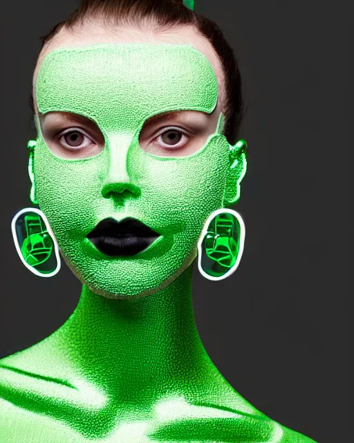 Prompt: symmetrical close - up portrait of a woman wearing a emerald green silicone beauty mask and hair buns, wearing a black bodysuit by alexander mcqueen, cream white background, soft light, biotechnology, humanoide robot, bjork aesthetic, translucent, by rineke dijkstra, masterpiece,