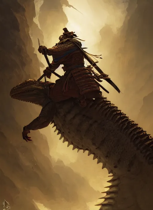 Prompt: samurai riding on a giant lizard, subsurface scattering, by jesper ejsing, justin gerard, tomasz alen kopera, cgsociety and fenghua zhong, highly detailed, rim light, cinematic lighting, illustration, art, octane render, very coherent, cinematic, hyper realism, high detail, octane render, 8 k