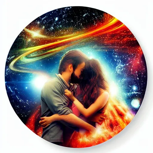 Prompt: beautiful lovers in space couple becoming one, space and time, cosmic planets swirls scifi cover