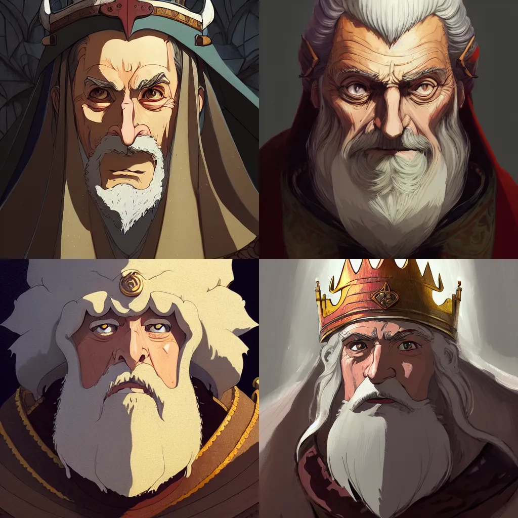 Prompt: portrait of medieval old king, artstation, detailed cartoon, elegant, digital painting, concept art, smooth, sharp focus, illustration, ghibli, makoto shinkai, don bluth, fujita goro, jean giraud, akihiko yoshida, fadeev 8 k