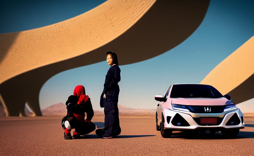 Image similar to photograph of a cell-shaded Honda EK9 Type-R with a lonely techwear woman , on a desert road with a futuristic city in the horizon, one point perspective, 1-point perspective, tilt shift, sigma 85mm f/1.4, 4k, depth of field, high resolution, 4k, 8k, hd, full color