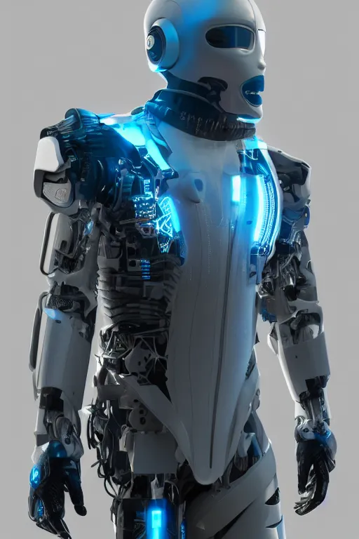 Image similar to cyborg wearing the jacket of the future. ultra technological jacket. techwear. detailed. ultra realistic. octane render. studio illumination. rainy. blue, matte grey and yellow colors.