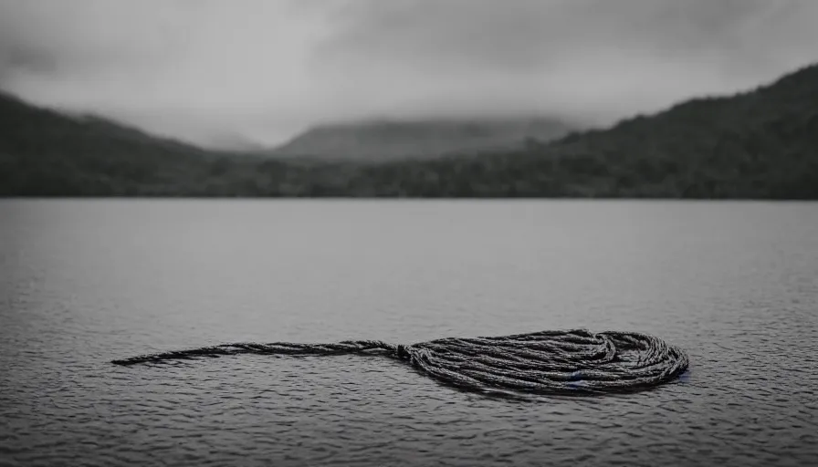 Image similar to rope floating to surface of water in the middle of the lake, overcast lake, 2 4 mm leica anamorphic lens, moody scene, stunning composition, hyper detailed