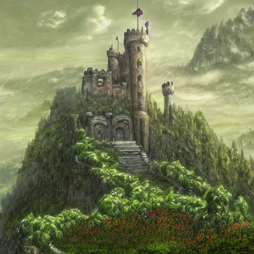 Prompt: a castle on a tall mountain above the clouds that have a lot of plants and vines on it which makes it look old, digital art, fantasy, beautiful, day, detailed