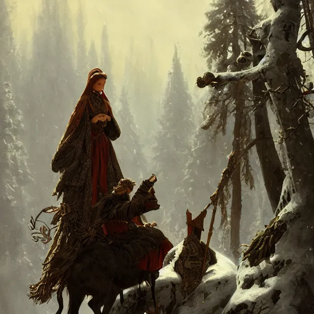 Image similar to russian folk fairytale, story, fable, dramatic, fantasy art, matte painting, an ultrafine detailed painting, academic art, ornate, inticate, elegant, sharp focus, artstation, by pavel korin, viktor vasnetsov, greg rutkowski