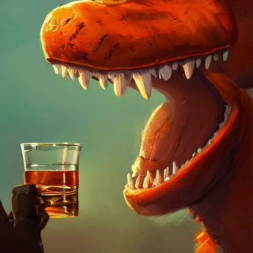 Image similar to barney the dinosaur from kids show drinking whisky and smoking a cigar, portrait art by and greg rutkowski, digital art, trending on artstation