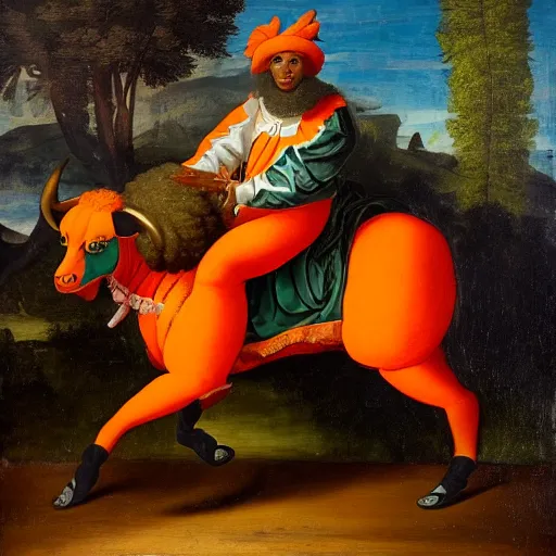 Image similar to photograph of a black man with afro hair wearing an army green adidas jacket riding an orange colored bull!!, renaissance style painting