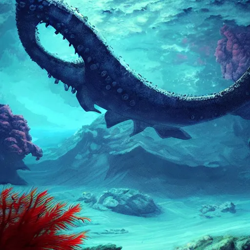 Image similar to underwater view of a strange alien world, some washed out red and green plant life, giant leviathan swimming far in the background, sci-fi underwater base, deep blue sea color, artstation