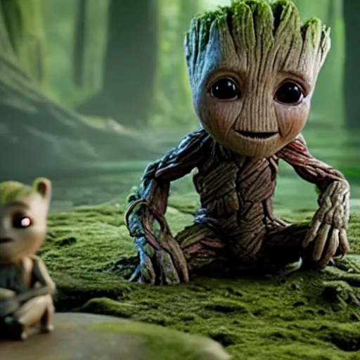 Prompt: Film still of Baby Groot sitting next to Grogu on Dagobah, from The Mandalorian (2019)