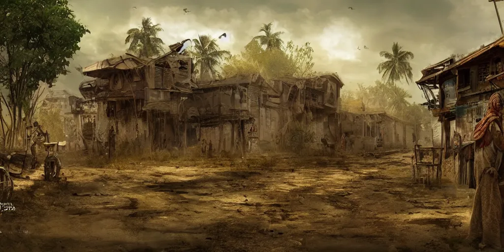 Prompt: post apocalyptic kerala village, cinematic, trending on art station, 4k
