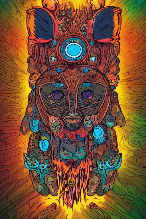 Image similar to animal mask totem roots flower tribal feather gemstone plant wood rock shaman vodoo video game vector cutout illustration vivid multicolor borderlands comics by josan gonzales and dan mumford radiating a glowing aura