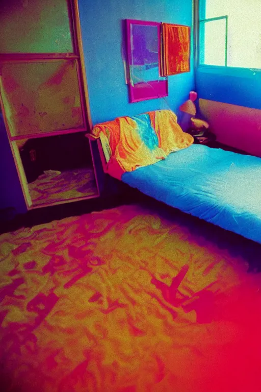 Prompt: agfa vista 4 0 0 photograph of a cluttered 9 0 s teenagers psychedelic 1 9 6 7 rock hippie bedroom, waves ripple color light, synth vibe, window, bed, surrealistic pillow, blur, lsd color patterns, vaporwave colors, lens flare, moody lighting, telephoto, lsd vibe, blurry background, grain, tranquil, calm, lsd hallucinations