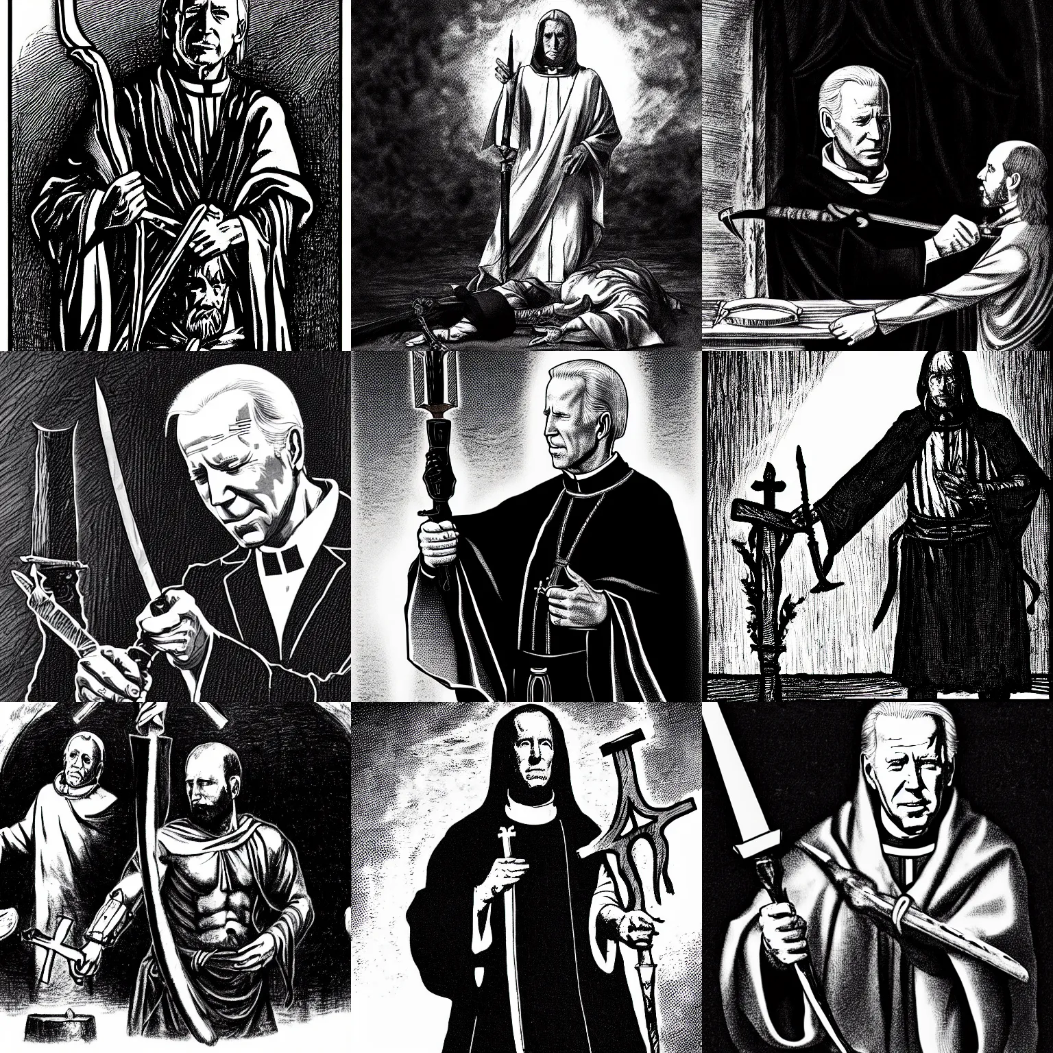 Prompt: pen and ink portrait of a joe biden as a catholic priest holding a dagger and about to sacrifice a bound victim on an occult altar, horror, impressive scene. grainy and rough. black and white colour scheme. beautiful artistic detailed digital art