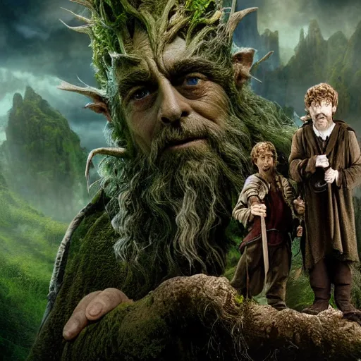 Prompt: matte painting of Treebeard holding Merry and Pippin form the Lord of the Rings