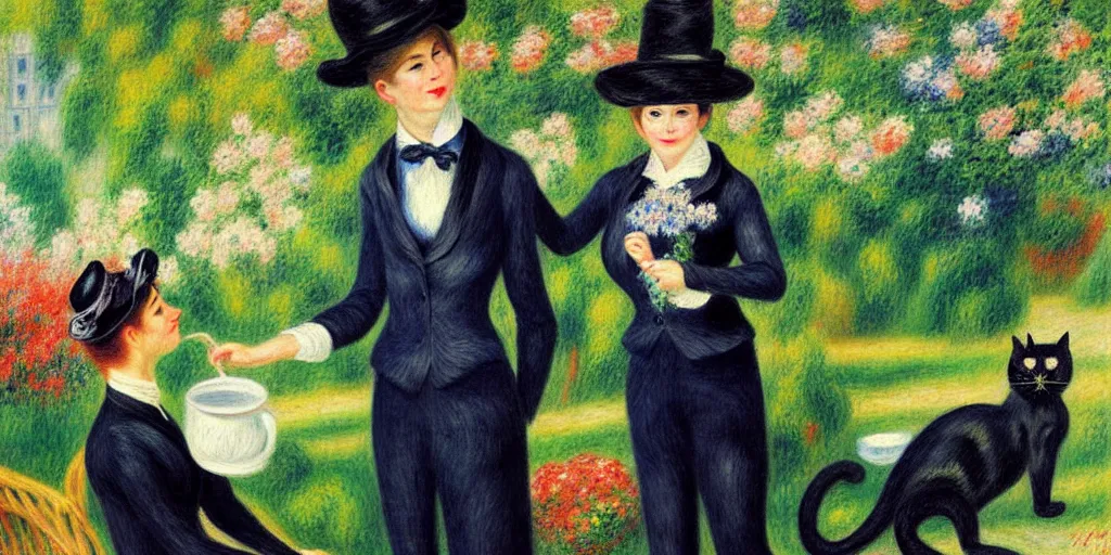 Prompt: anthropomorphic black cat in a suit serving tea to a lady in a beautiful blue dress, garden, flowers, lake, pale colors, anthropomorphic cat, sunny, sharp focus, highly detailed, impressionist, art by Pierre-Auguste Renoir, painting, masterpiece