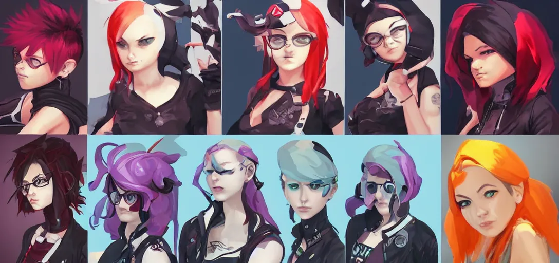 Prompt: concept art of punk female video game characters head designs, loud, intimidating, disgaea, flcl, overwatch, by marc brunet and artgerm