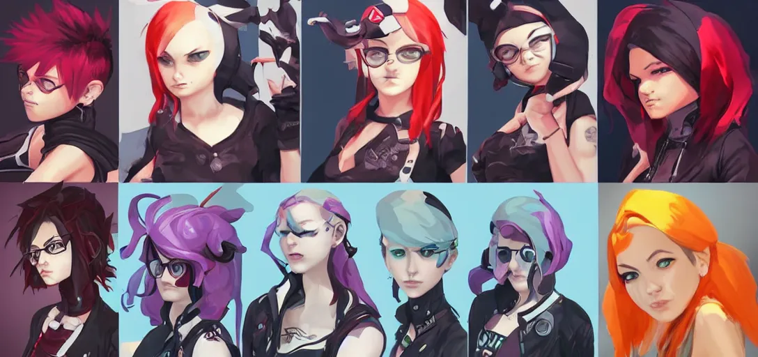 Image similar to concept art of punk female video game characters head designs, loud, intimidating, disgaea, flcl, overwatch, by marc brunet and artgerm