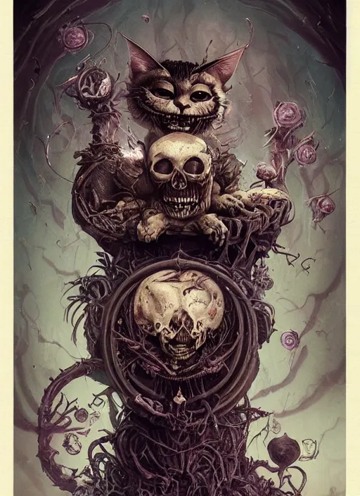 Prompt: Cheshire Cat brewing tea, Death Tarot card,highly detailed,half skull face,cinematic,8k,by Stanley Artgermm,Tom Bagshaw,Greg Rutkowski,Carne Griffiths, Ayami Kojima, Beksinski, Giger,trending on DeviantArt,hyper detailed,horror, full of colour