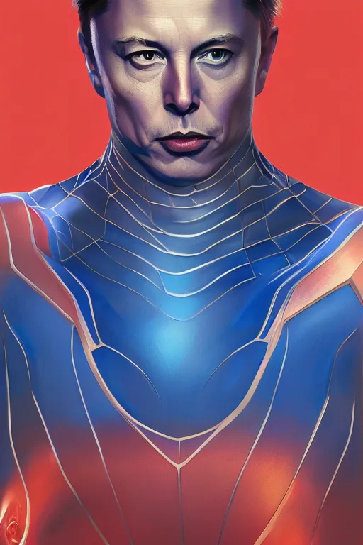 Image similar to elon musk as a blue suit spider man, realistic portrait, symmetrical, highly detailed, digital painting, artstation, concept art, smooth, sharp focus, illustration, cinematic lighting, art by artgerm and greg rutkowski and alphonse mucha