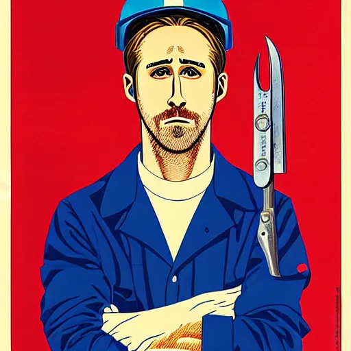 Image similar to realistic portrait of ryan gosling as a mechanic in beret, with a huge wrench, futuristic, highly detailed, 7 0 - s style poster, sharp focus, illustration, art by kawase hasui,