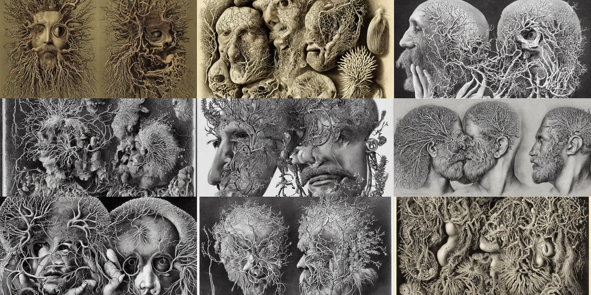 Prompt: elaborate natural illustrations by ernst haeckel of the biological world, the human face emerging