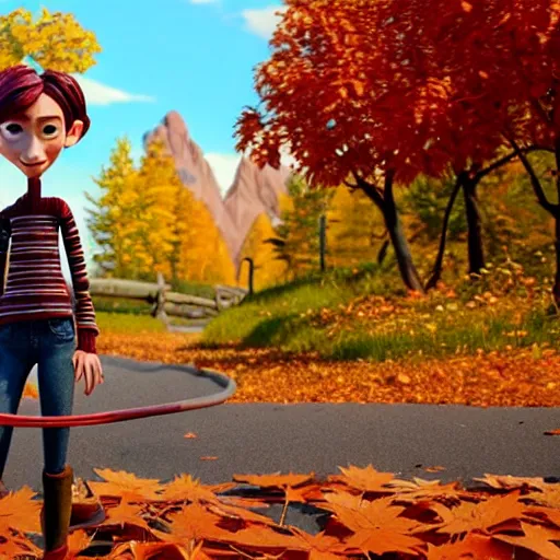 Image similar to a stopmotion animation character, a beautiful canadian woman, gardening, very attractive, messy dark grey hair, striped sweater, tight denim jeans, maroon doc marten boots, canadian maple leaves blowing about, mountains, autumn, unreal engine 5, 8 k, kubo and the two strings, disney, pixar,