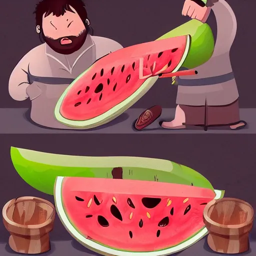 Image similar to a chinese fat guy being stabbed by was stabbed by a man with a watermelon knife in a melon stall.digital art,trending on artstation.