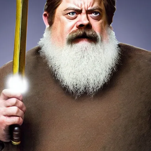 Image similar to ron swanson is a white haired, bearded dwarven cleric carrying a holy symbol in his right hand and a holy sword in his left hand