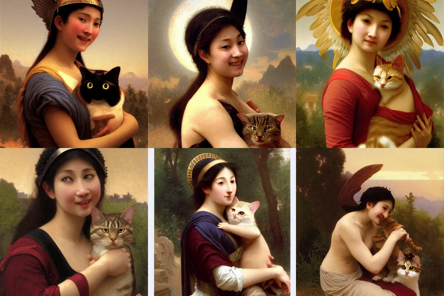 Prompt: Smiling sorceress holding a tabby cat, wearing a winged helmet. Skinny asian woman with short-cut shoulder length hair, wearing a winged helmet. A helmet with wings. Art by William-Adolphe Bouguereau. During golden hour. Extremely detailed. Beautiful. 4K. Award winning.