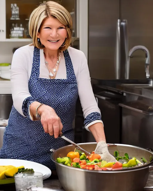 Prompt: wide shot photoshoot of martha stewart preparing a meal for her friend snoop dogg, 8 k, photorealistic