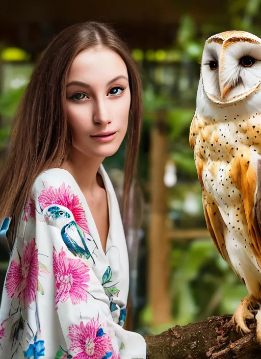 Image similar to portrait photograph of beautiful young female model, symmetric face, symmetric eyes, slight smile, natural light, wearing a yellow kimono with a very detailed barn owl on her shoulder!!! in a tropical greenhouse. looking at the camera!!. super resolution. Extremely detailed. Masterpiece!! .Graflex camera, bokeh.