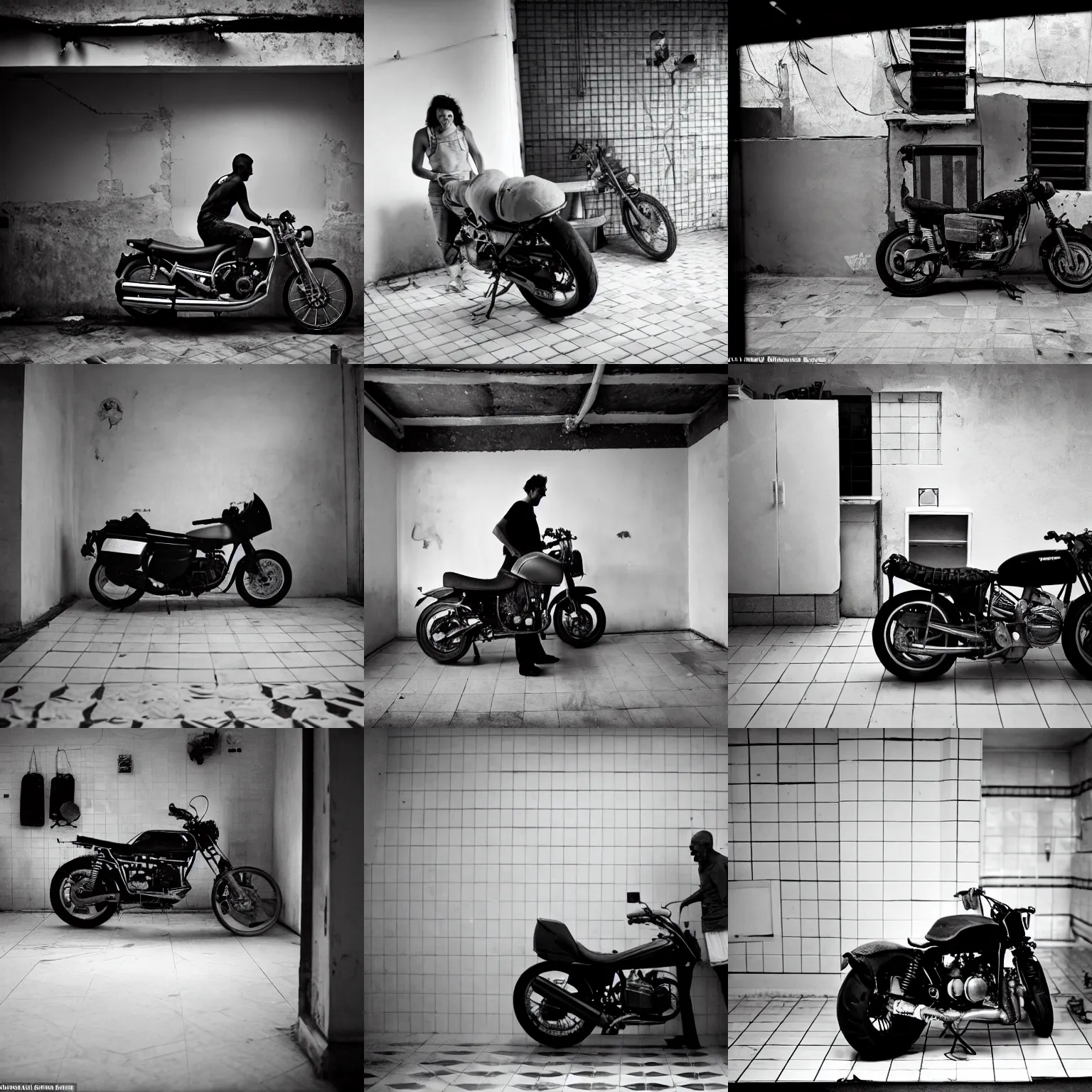 Prompt: a huge motorbike standing in the middle of a small kitchen, white tile on the floor, by paolo pellegrin, prize winning photo, cinematic